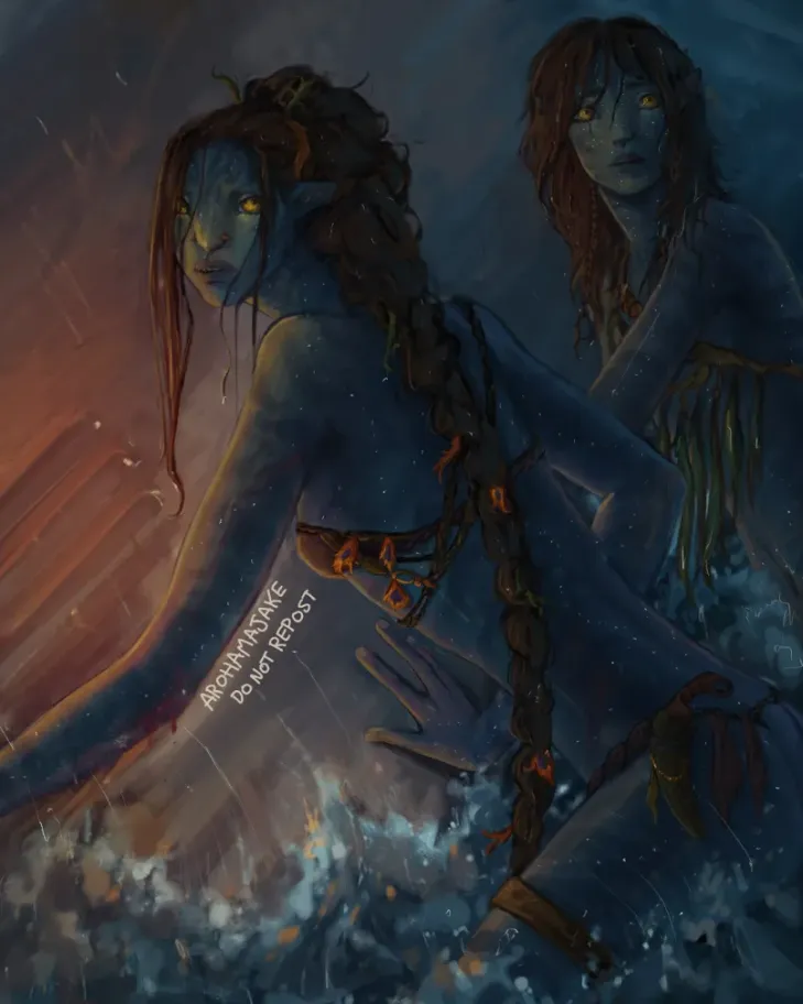 Two Na'vi-like figures in a turbulent, glowing water scene with fiery embers.