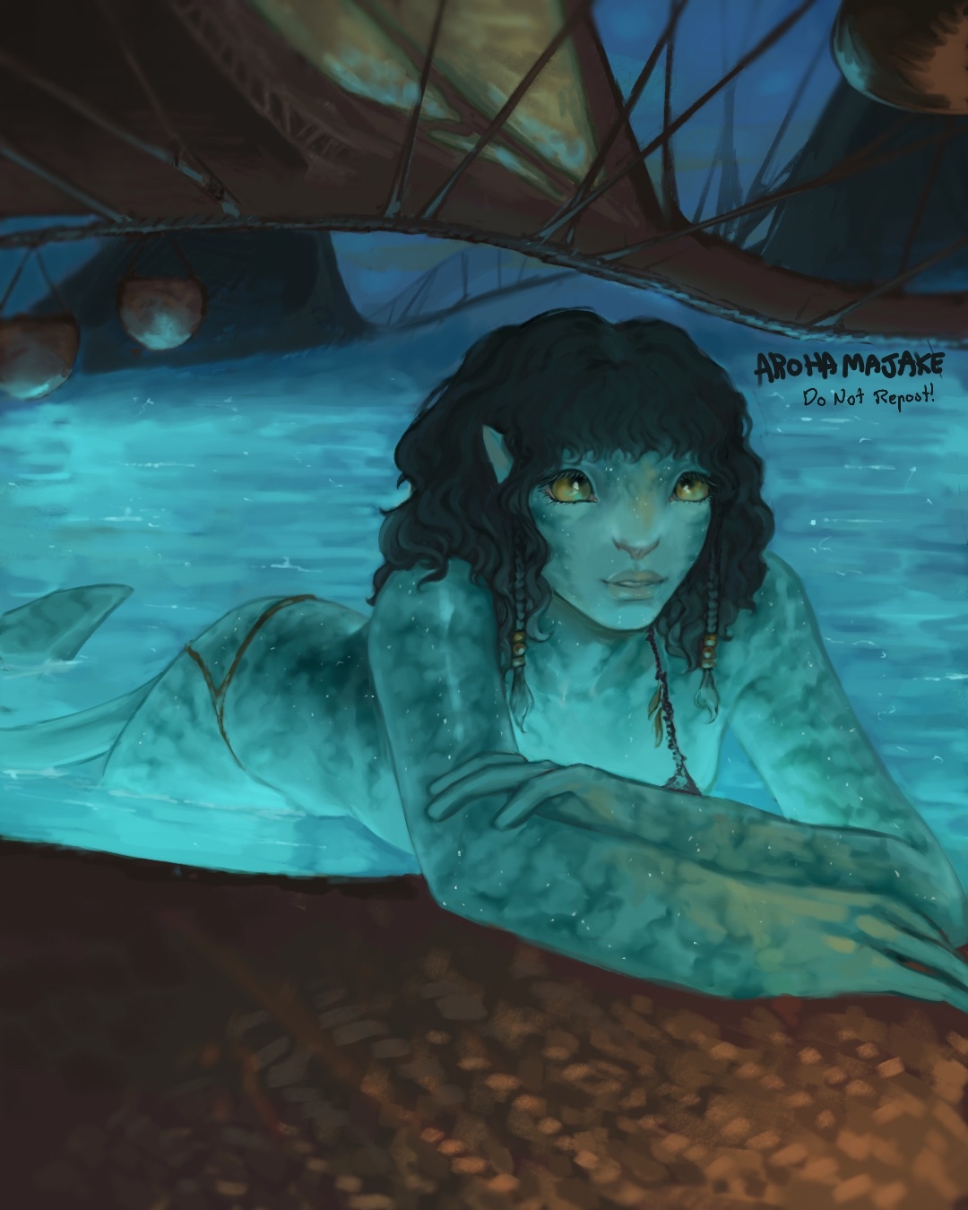 A bioluminescent Na'vi-like mermaid with dark hair, resting in glowing blue water. Art by Aroha Majake.