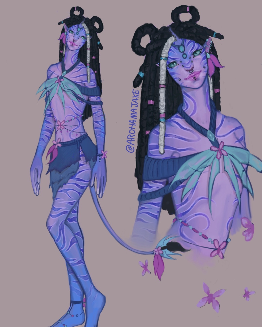 Full body and portrait of a purple-skinned Na'vi-like character with intricate stripe patterns, dreadlocks adorned with beads, and leaf-inspired attire. Art by Aroha Majake.