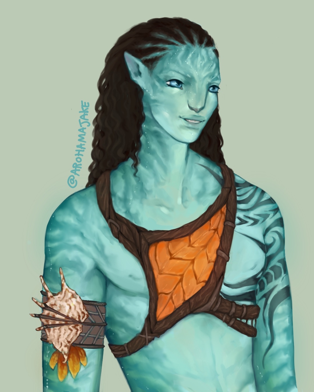 Portrait of a male Na'vi-like character with long dark hair, blue eyes, tribal tattoos, and a shell armlet. Art by Aroha Majake.
